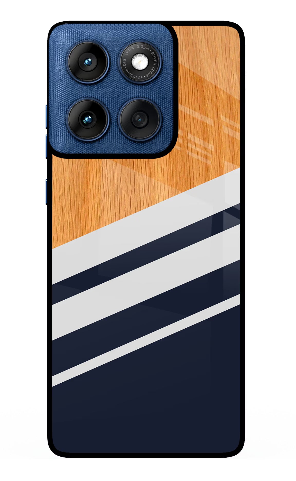 Blue and white wooden Moto Edge 60 Glass Case Back Cover by Casekaro