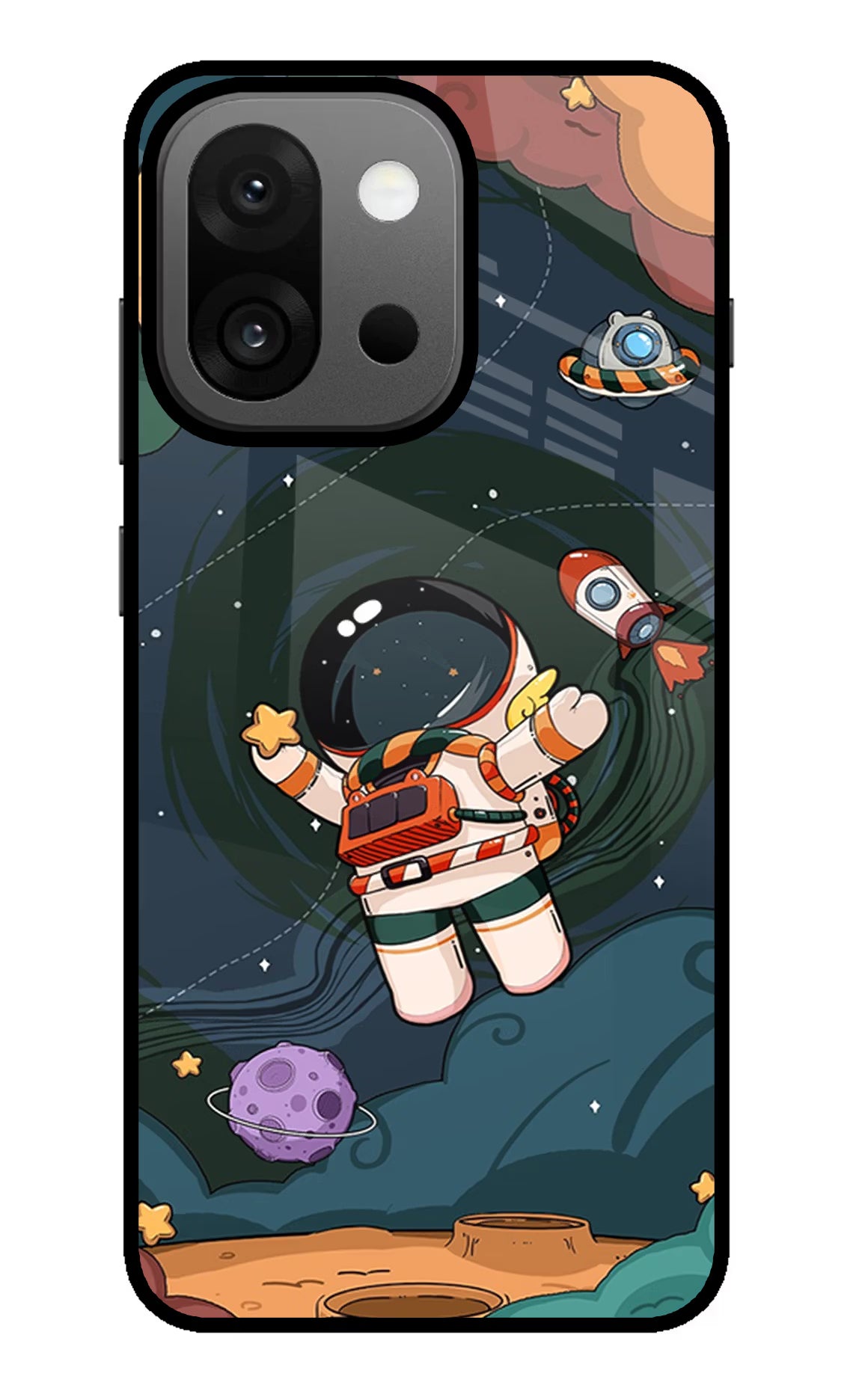 Cartoon Astronaut OnePlus 13s Glass Case Back Cover by Casekaro