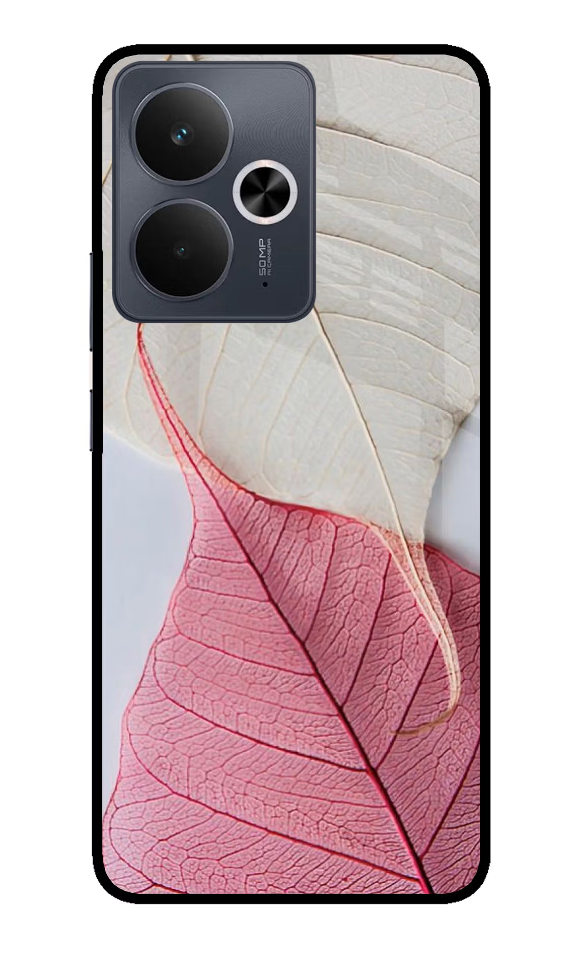 White Pink Leaf Realme 14T 5G Glass Case Back Cover by Casekaro