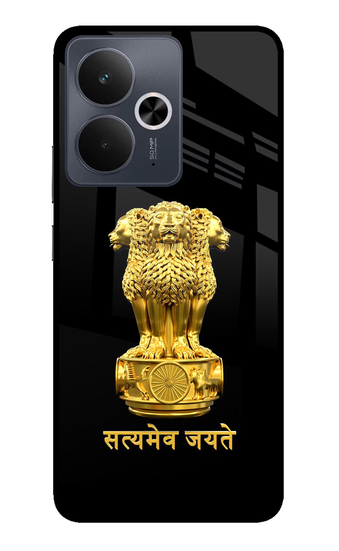 Satyamev Jayate Golden Realme 14T 5G Glass Case Back Cover by Casekaro