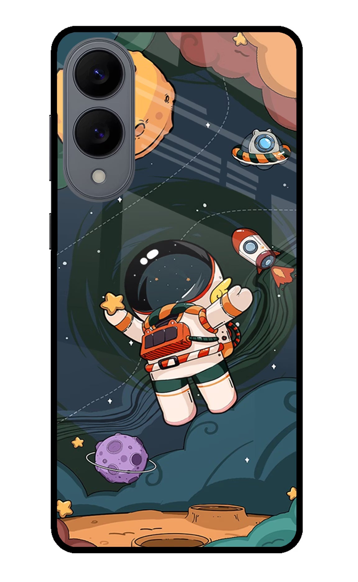 Cartoon Astronaut Samsung S25 Edge Glass Case Back Cover by Casekaro
