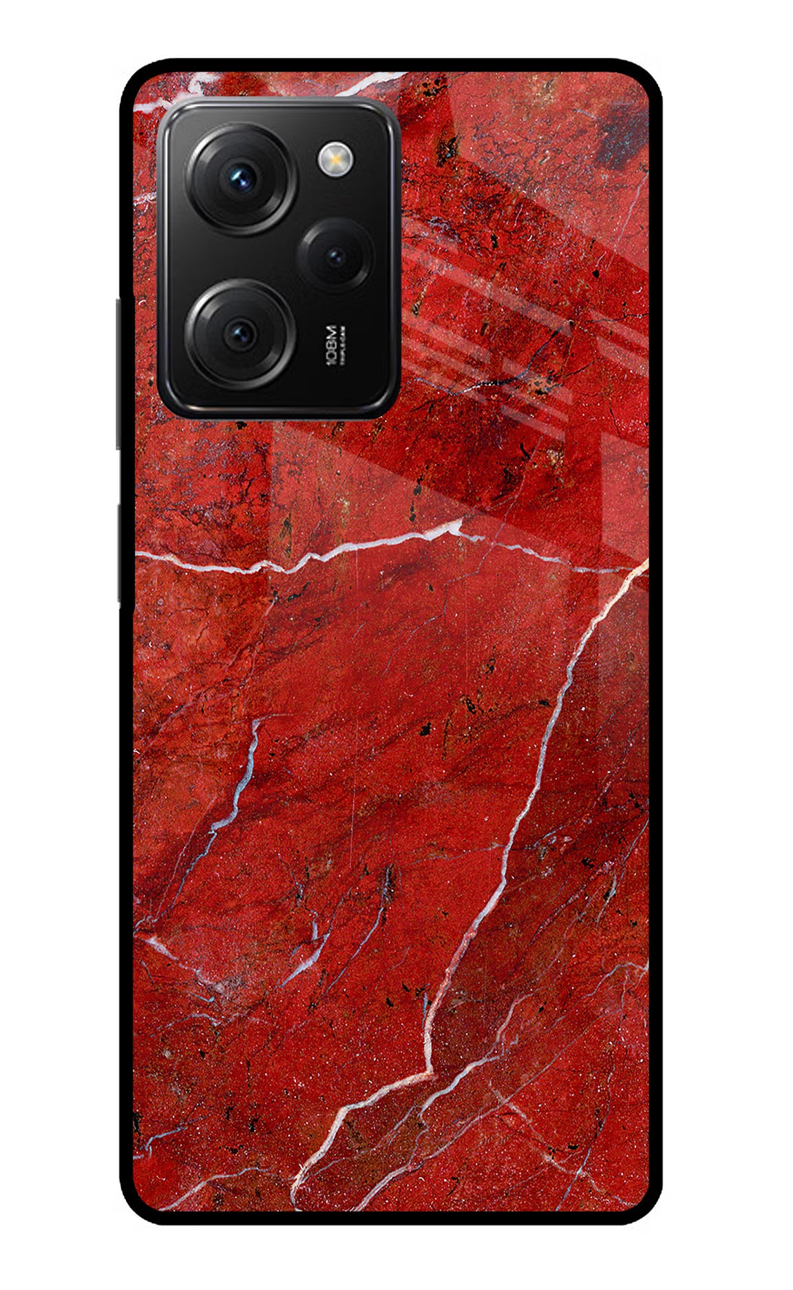 Red Marble Design Poco X5 Pro 5G Glass Case Back Cover by Casekaro