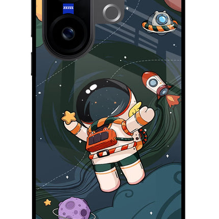 Cartoon Astronaut Vivo X200 FE Glass Case Back Cover by Casekaro