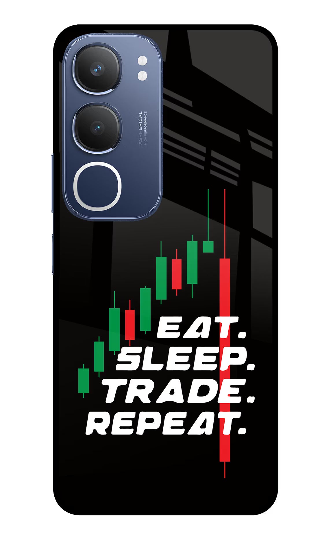 Eat Sleep Trade Repeat Vivo Y29 5G Glass Case Back Cover by Casekaro