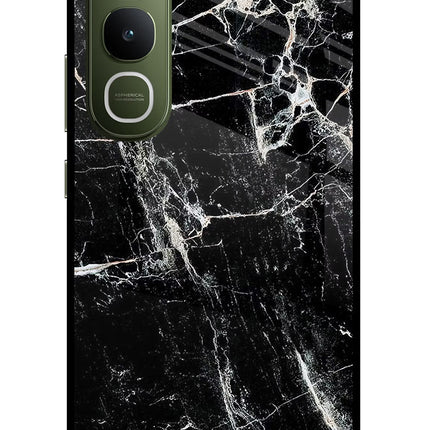 Black Marble Texture Vivo Y400 5G Glass Case Back Cover by Casekaro