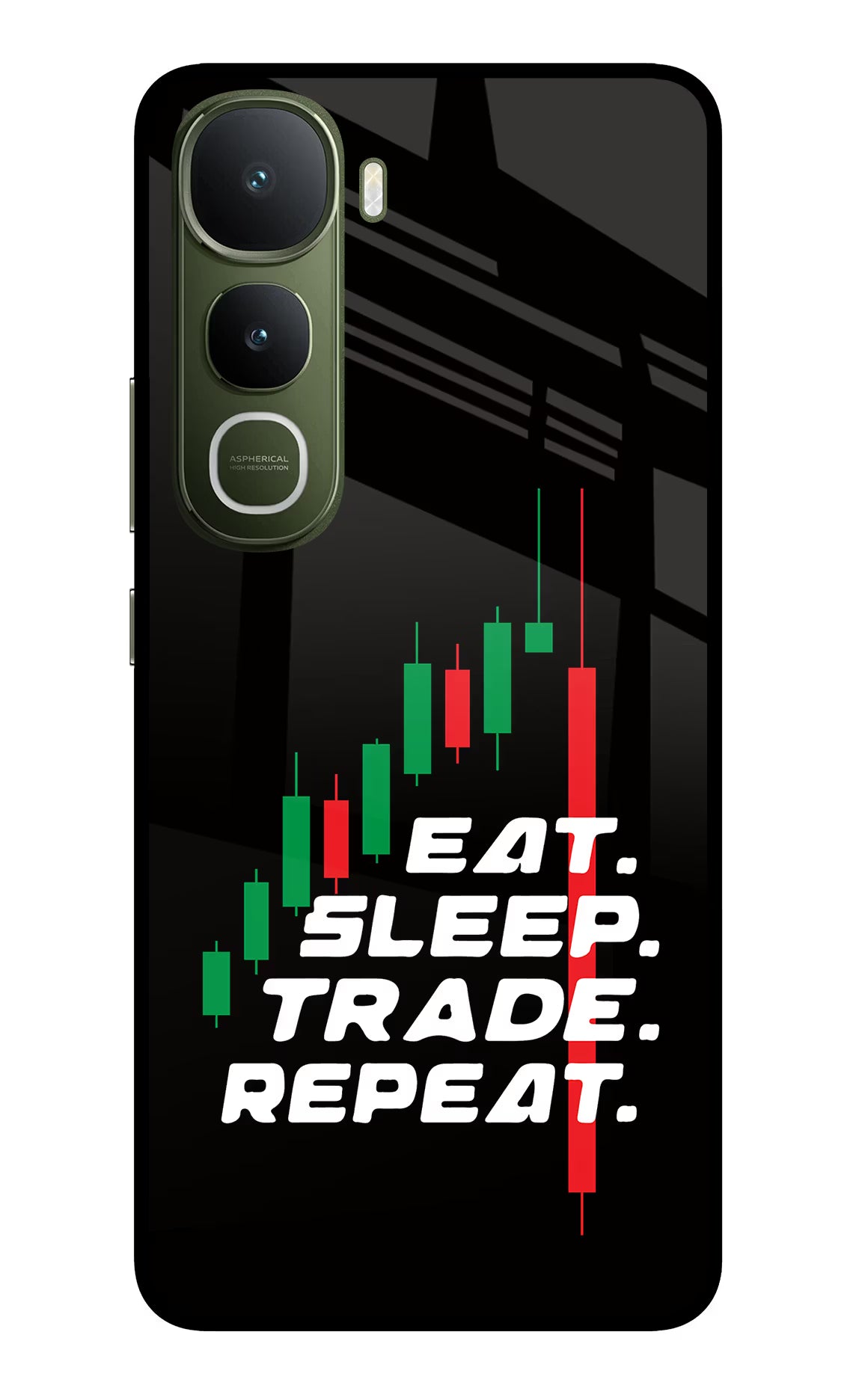 Eat Sleep Trade Repeat Vivo Y400 5G Glass Case Back Cover by Casekaro