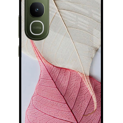 White Pink Leaf Vivo Y400 5G Glass Case Back Cover by Casekaro