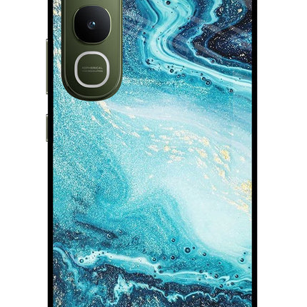 Blue Glitter Marble Vivo Y400 5G Glass Case Back Cover by Casekaro