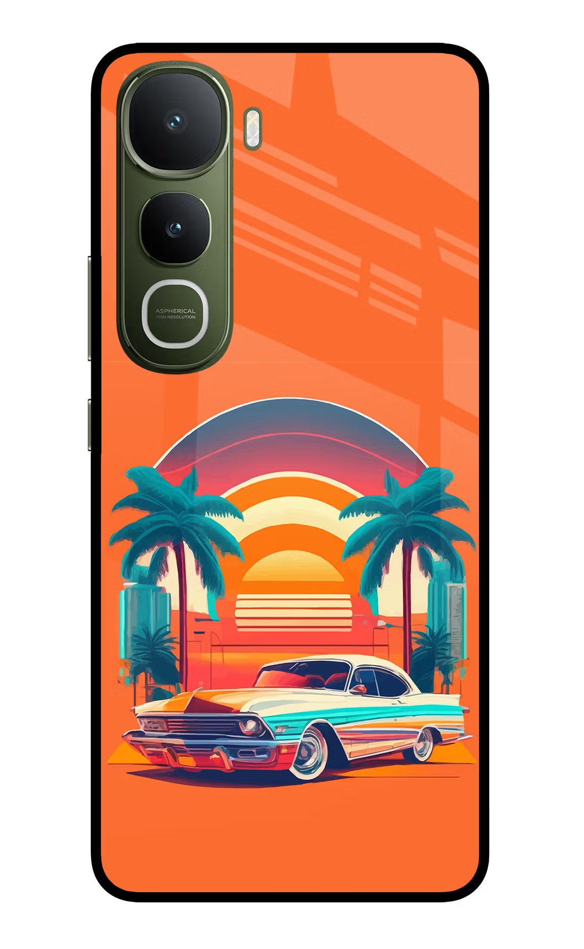 Palm Drive 80s Vivo Y400 5G Glass Case Back Cover by Casekaro