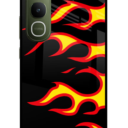 Side Sweep Flames Vivo Y400 5G Glass Case Back Cover by Casekaro