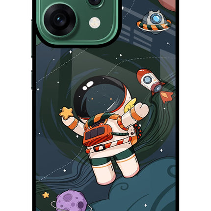 Cartoon Astronaut Oppo Reno14 5G Glass Case Back Cover by Casekaro