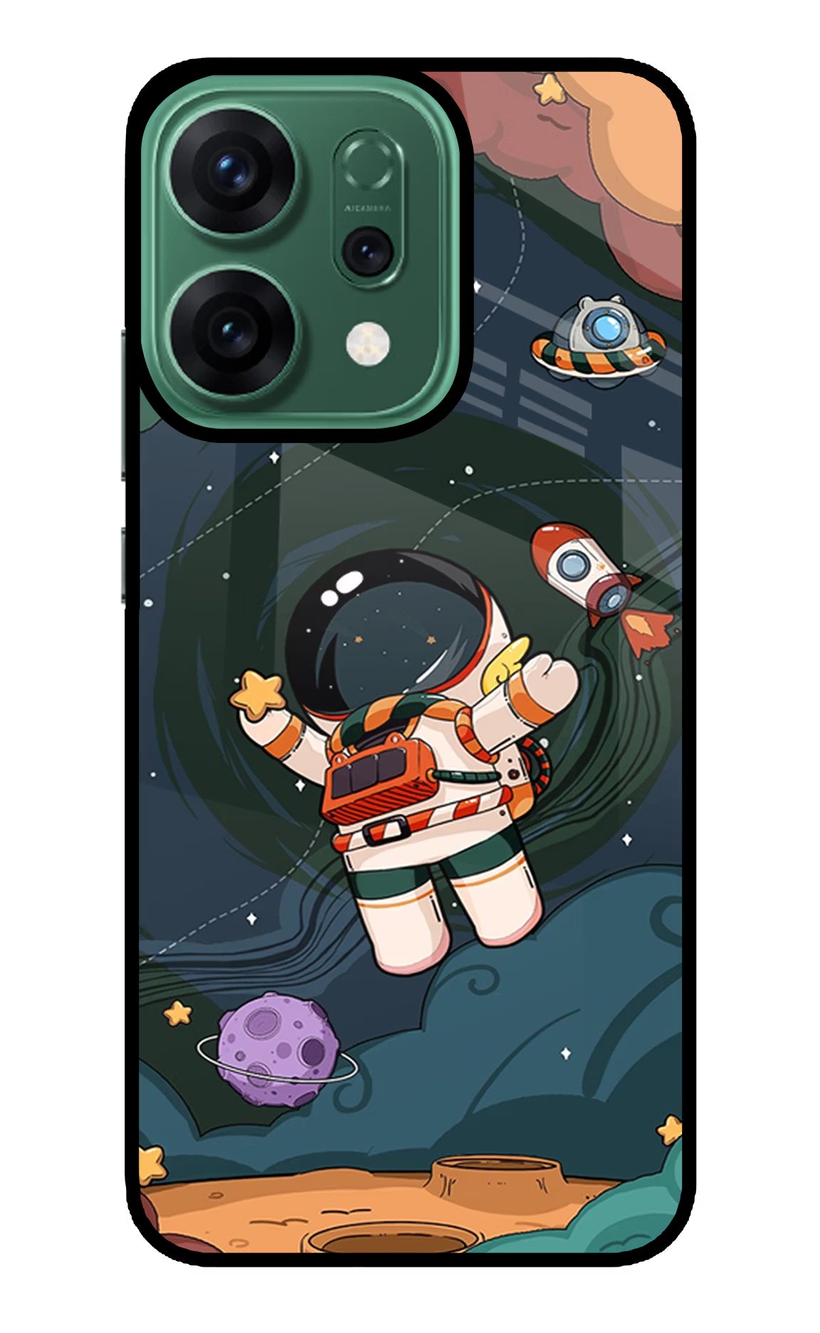 Cartoon Astronaut Oppo Reno14 5G Glass Case Back Cover by Casekaro