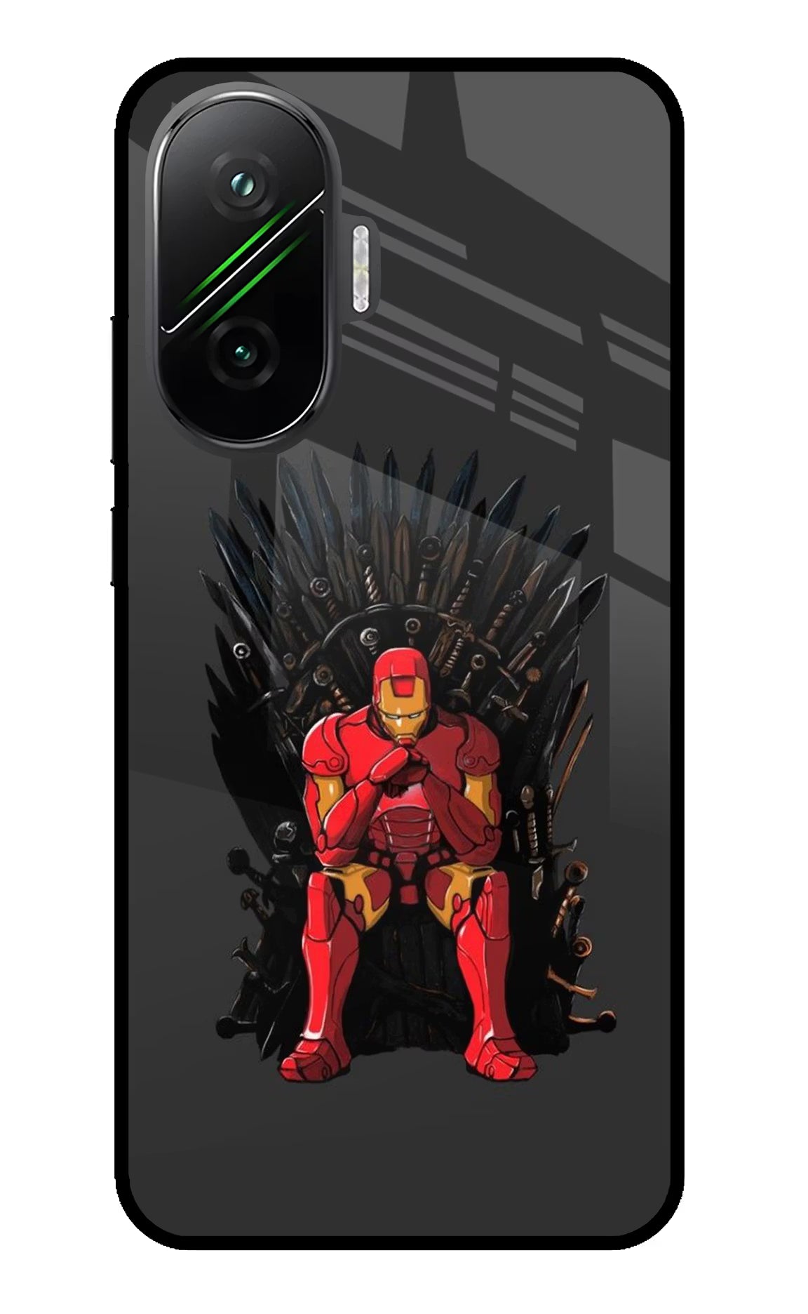 Ironman Throne Poco F7 5G Glass Case Back Cover by Casekaro