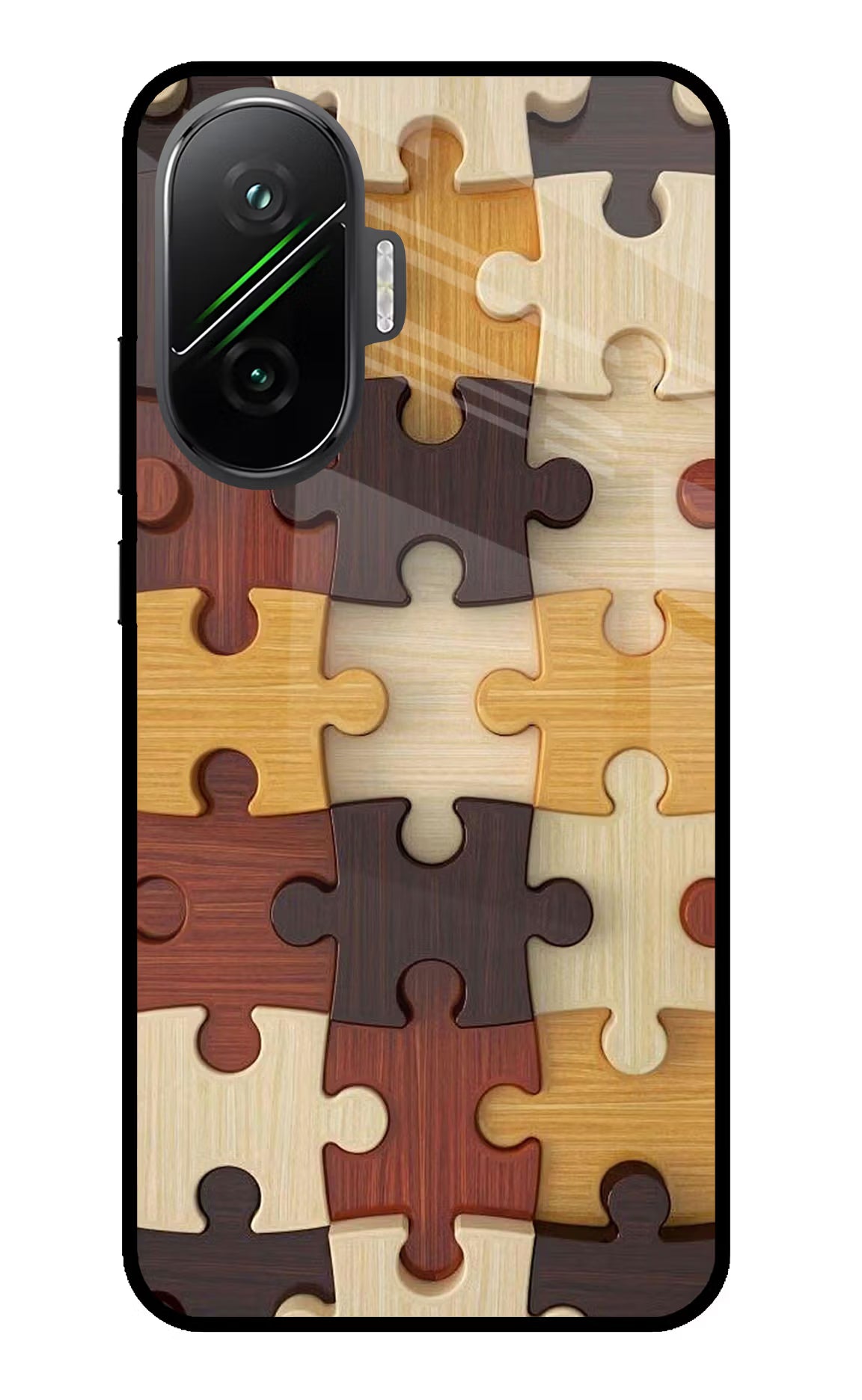 Wooden Puzzle Poco F7 5G Glass Case Back Cover by Casekaro