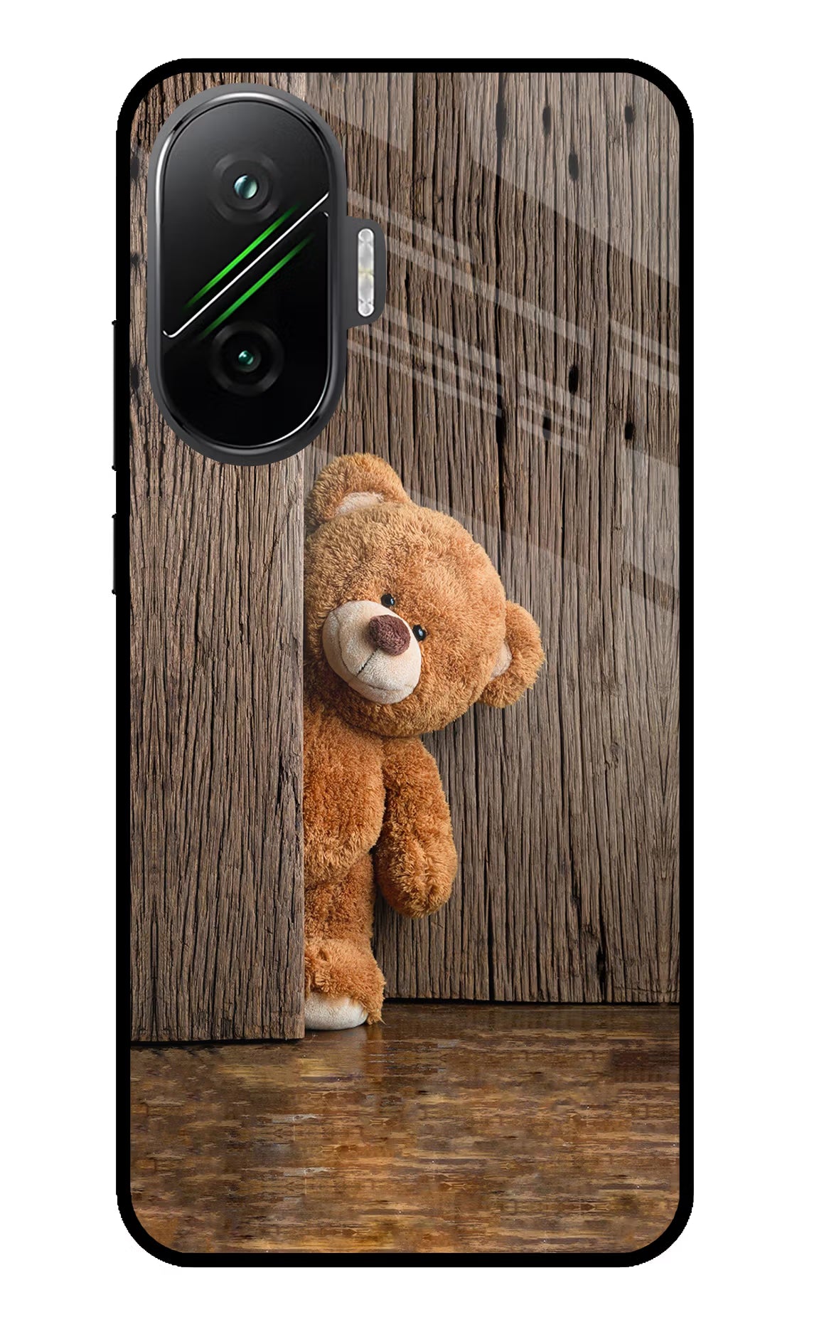 Teddy Wooden Poco F7 5G Glass Case Back Cover by Casekaro