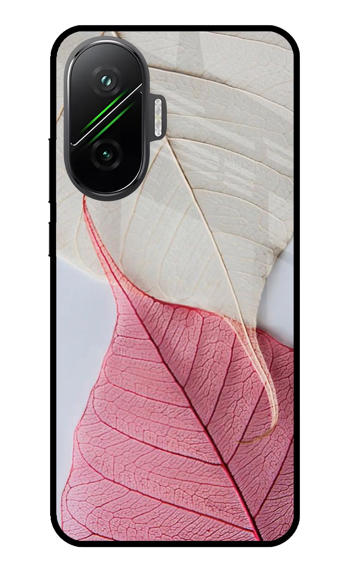 White Pink Leaf Poco F7 5G Glass Case Back Cover by Casekaro
