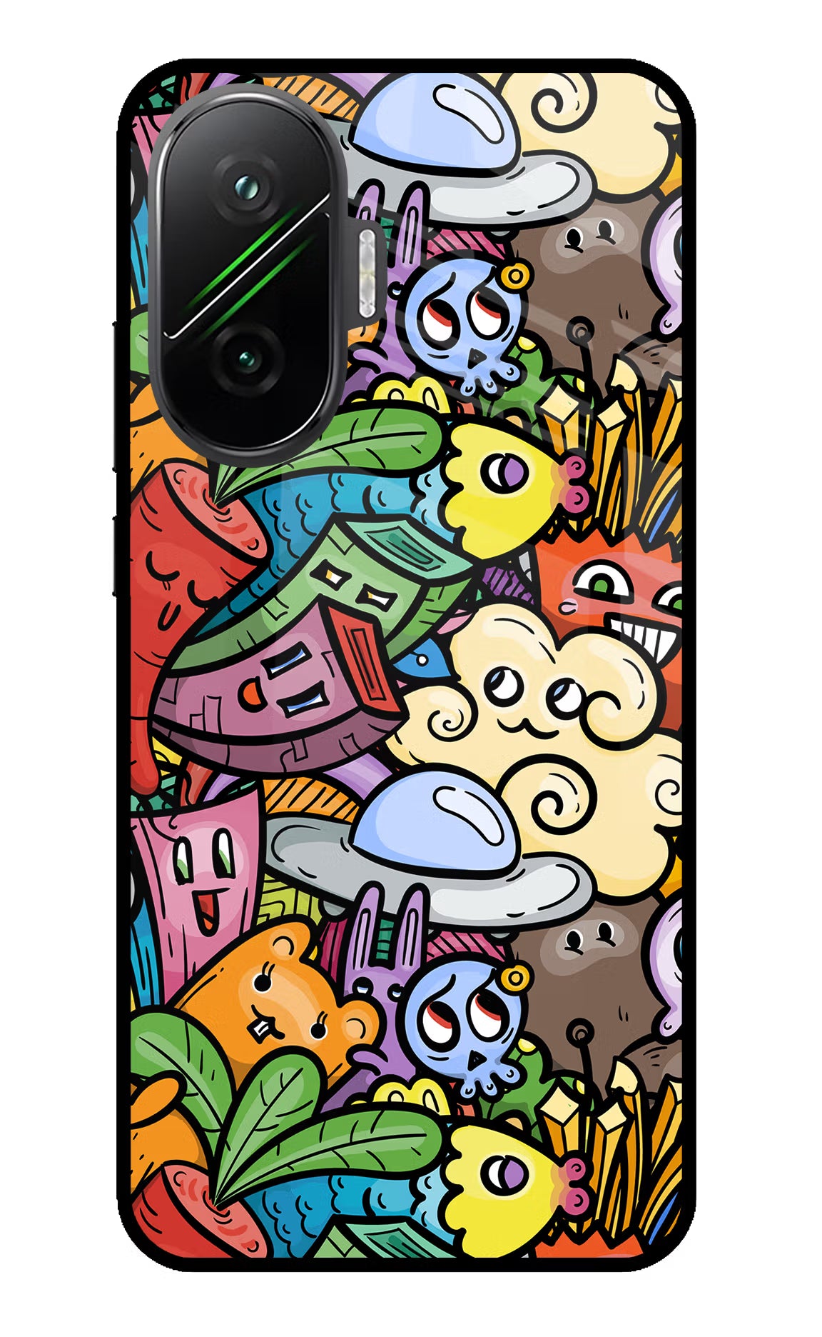 Veggie Doodle Poco F7 5G Glass Case Back Cover by Casekaro
