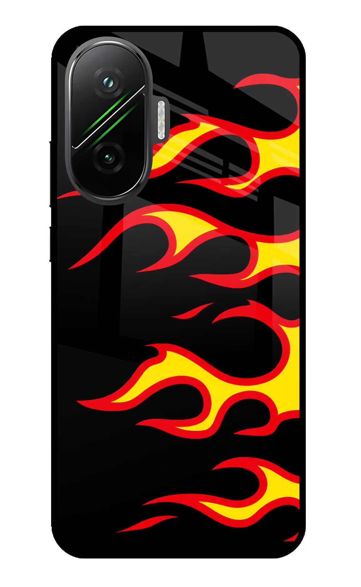 Side Sweep Flames Poco F7 5G Glass Case Back Cover by Casekaro