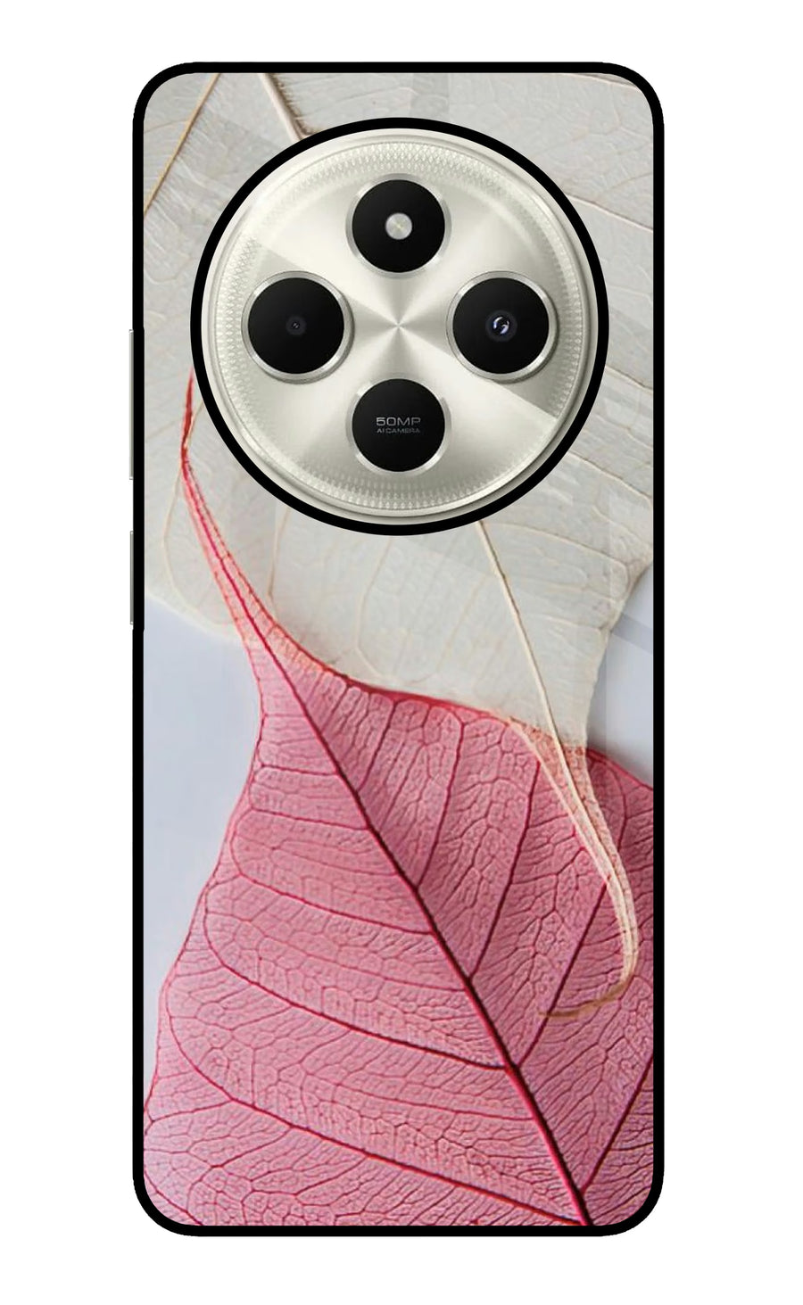 White Pink Leaf Poco C75 5G Back Cover, Glass case