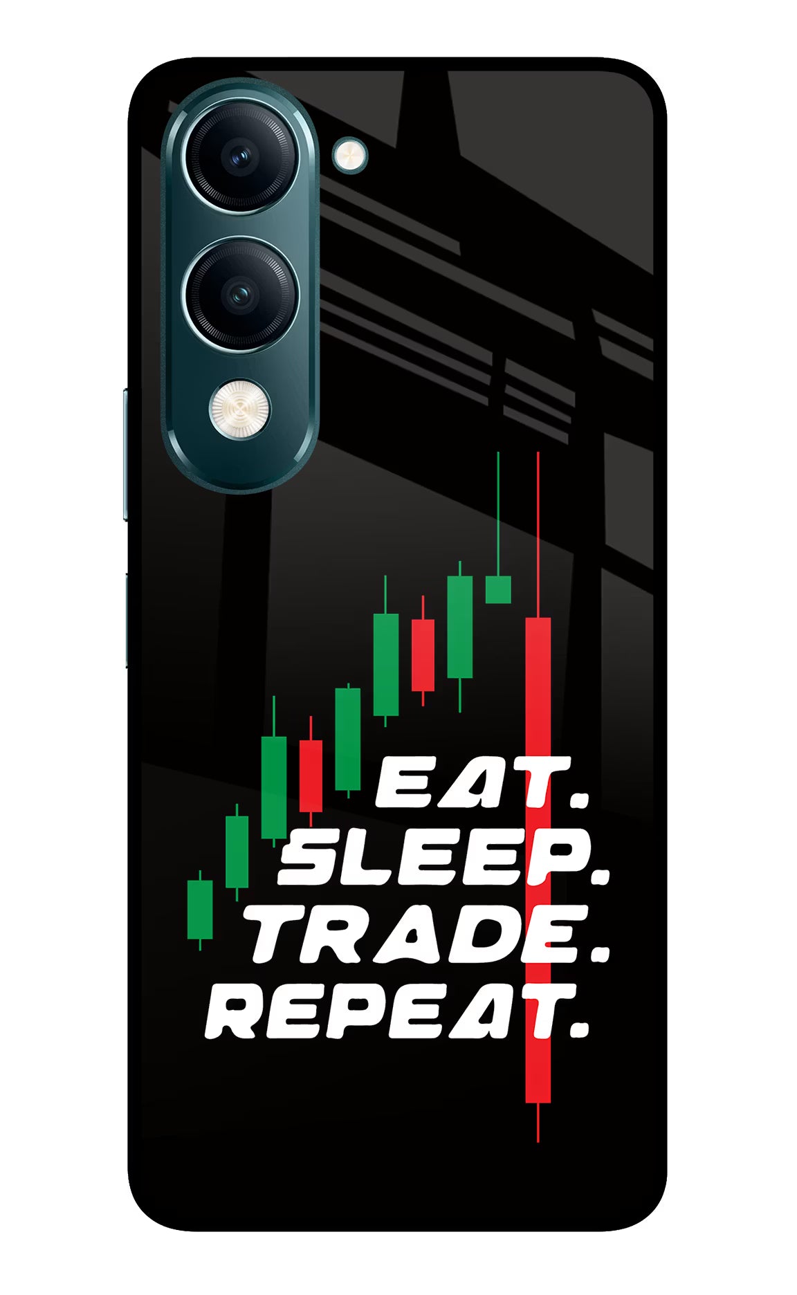 Eat Sleep Trade Repeat Vivo Y19s 5G Glass Case Back Cover by Casekaro