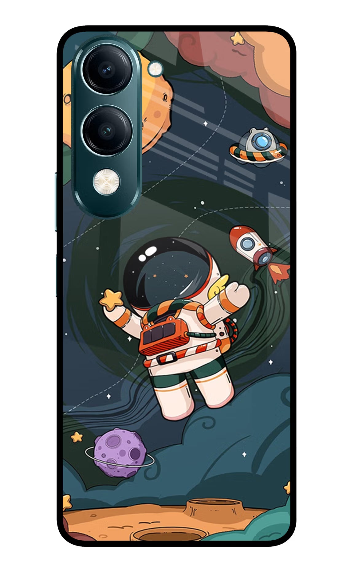 Cartoon Astronaut Vivo Y19s 5G Glass Case Back Cover by Casekaro