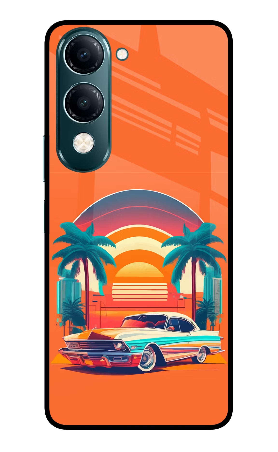 Palm Drive 80s Vivo Y19s 5G Glass Case Back Cover by Casekaro