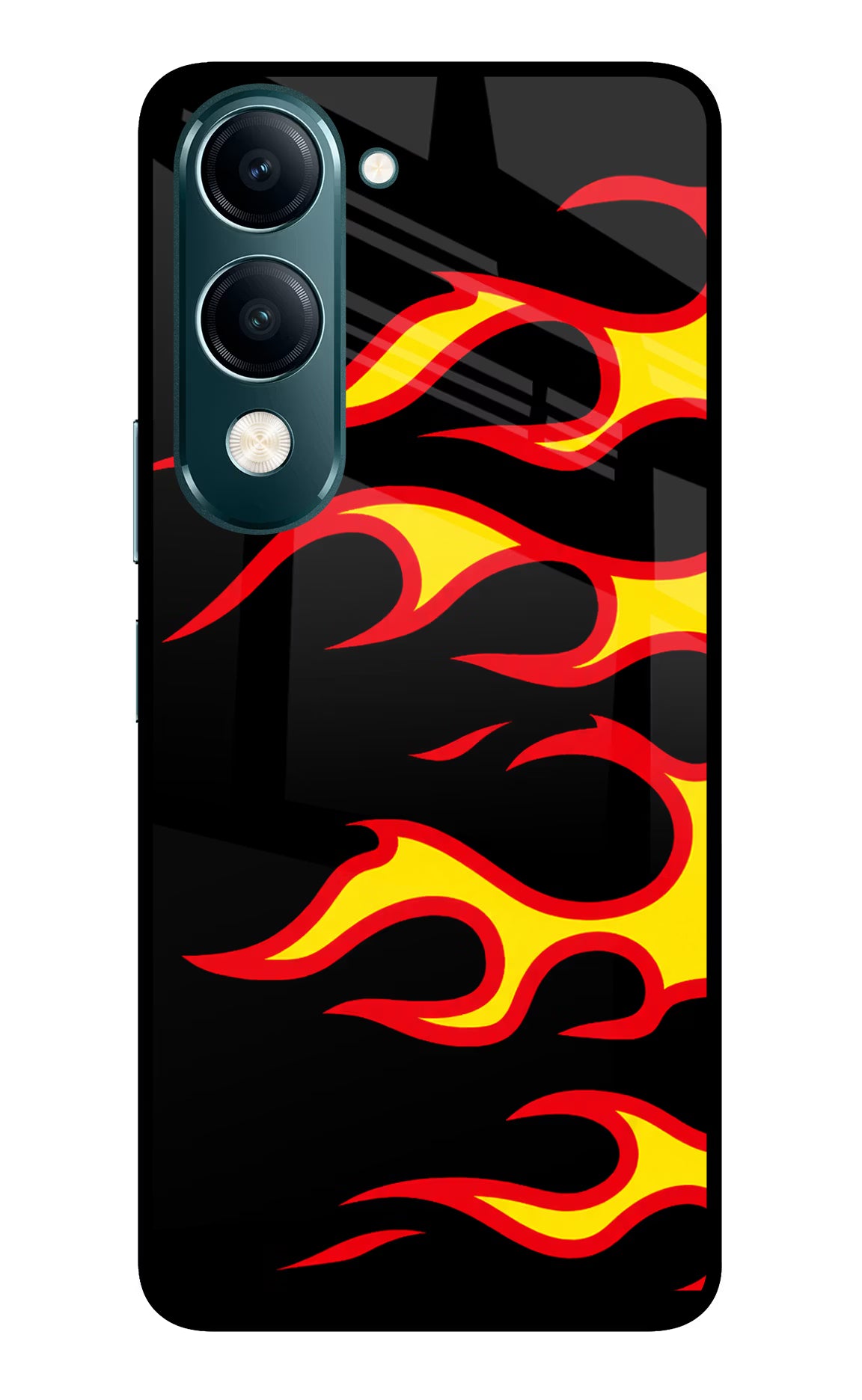 Side Sweep Flames Vivo Y19s 5G Glass Case Back Cover by Casekaro