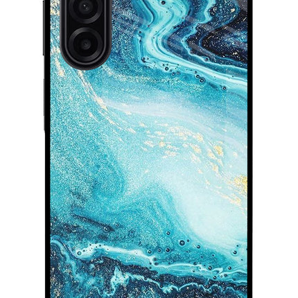 Blue Glitter Marble Samsung A17 5G Glass Case Back Cover by Casekaro