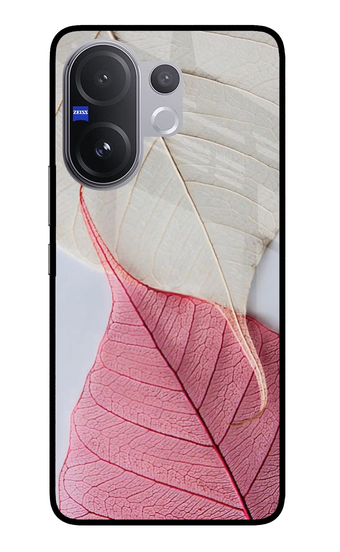 White Pink Leaf Vivo V60 5G Glass Case Back Cover by Casekaro