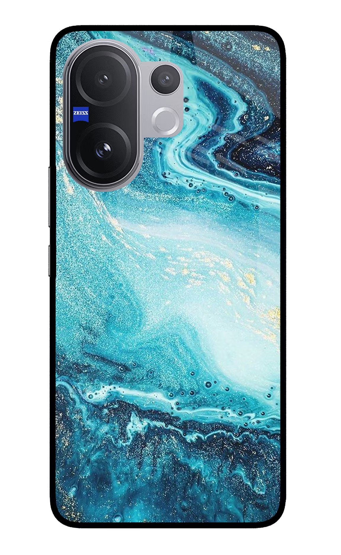 Blue Glitter Marble Vivo V60 5G Glass Case Back Cover by Casekaro
