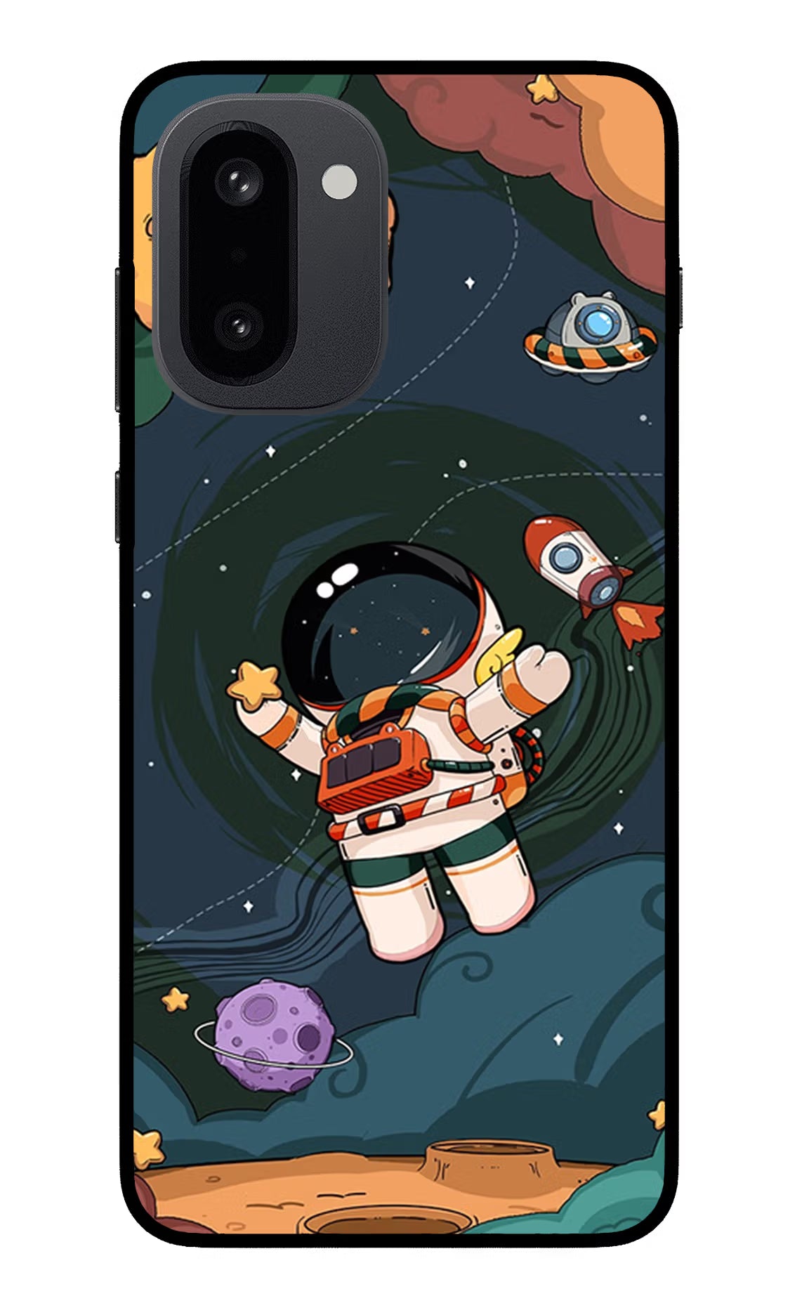 Cartoon Astronaut OnePlus 15R Glass Case Back Cover by Casekaro