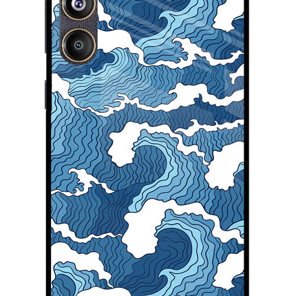 Blue Waves Samsung F55 5G Glass Case Back Cover by Casekaro