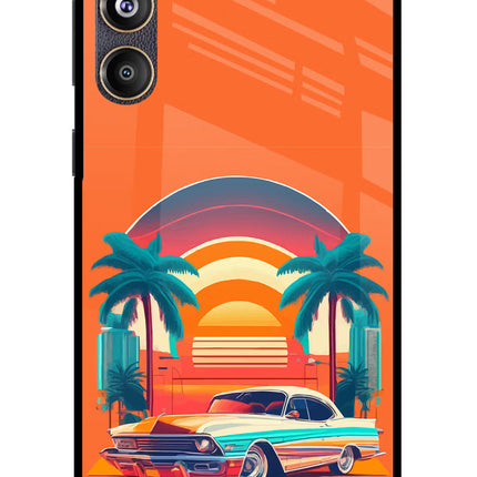 Palm Drive 80s Samsung F55 5G Glass Case Back Cover by Casekaro