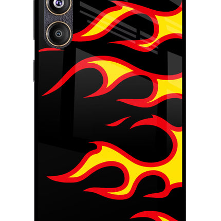 Side Sweep Flames Samsung F55 5G Glass Case Back Cover by Casekaro