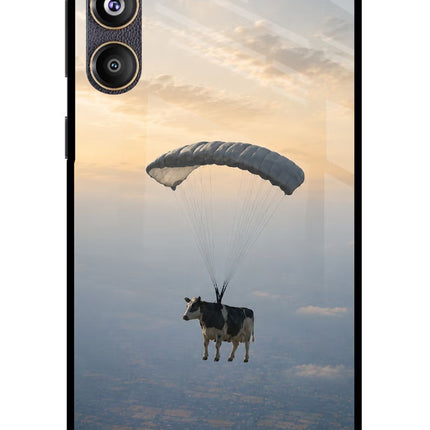 Skydiving Cow Samsung F55 5G Glass Case Back Cover by Casekaro