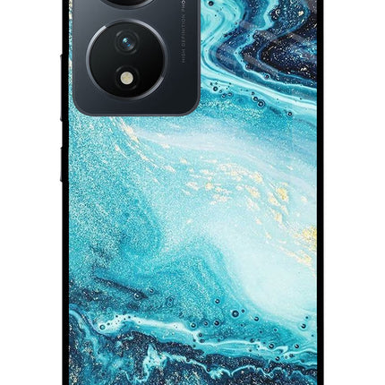 Blue Glitter Marble Vivo T2 5G Glass Case Back Cover by Casekaro