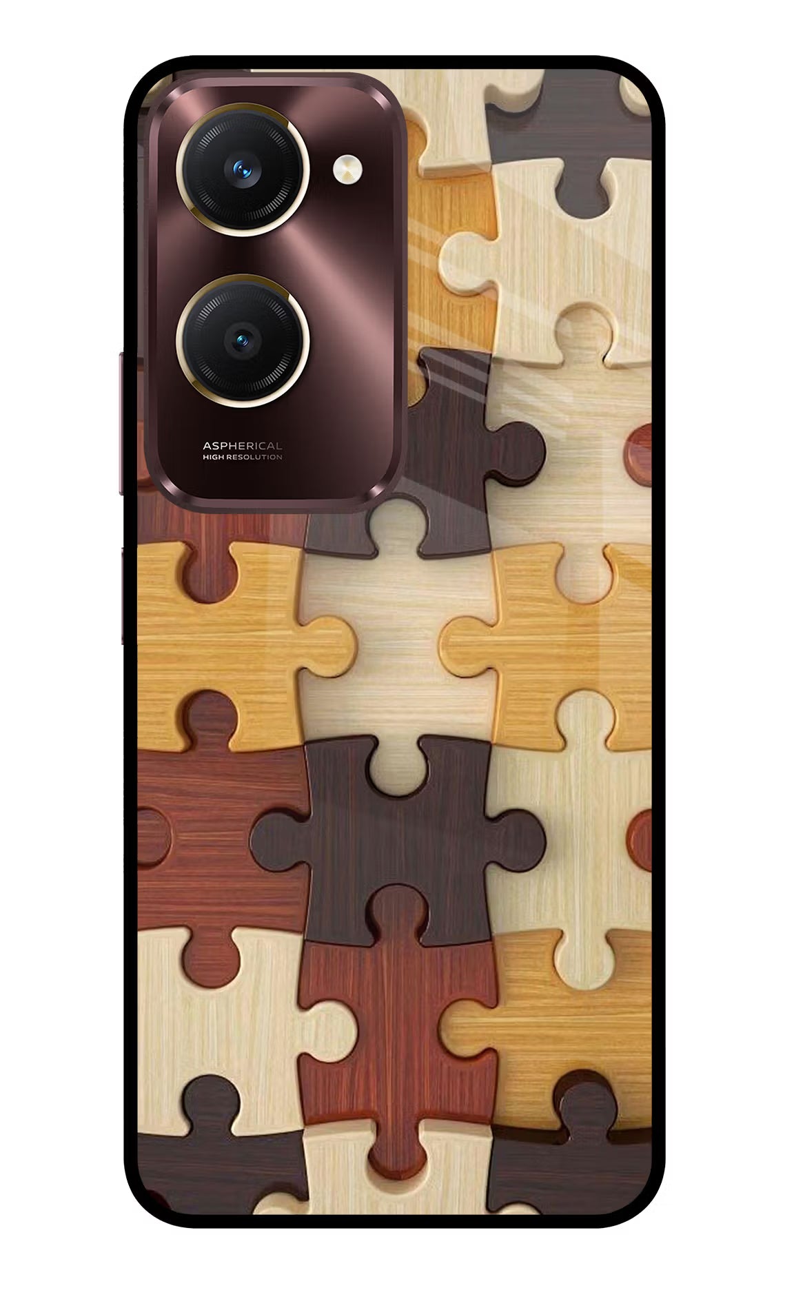 Wooden Puzzle Vivo Y28s 5G Glass Case Back Cover by Casekaro