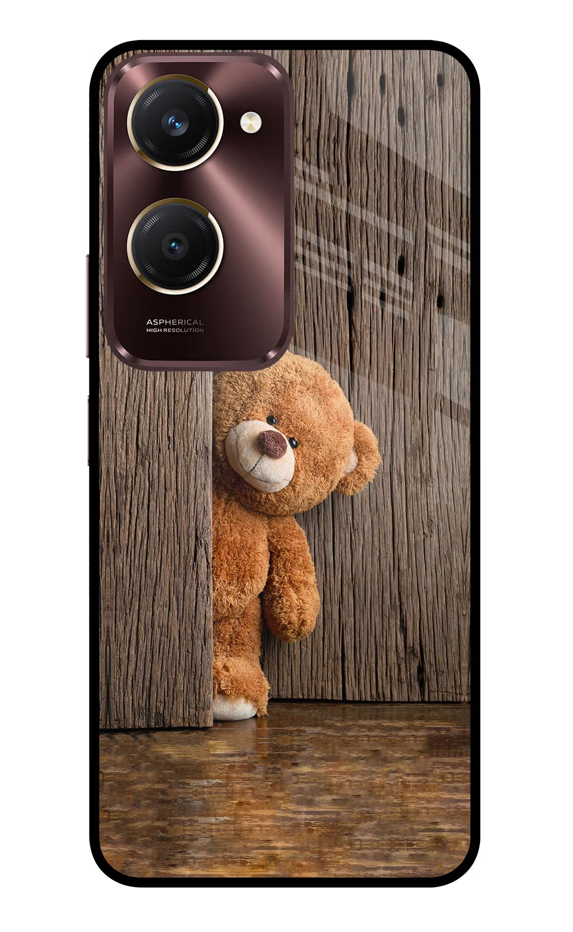 Teddy Wooden Vivo Y28s 5G Glass Case Back Cover by Casekaro