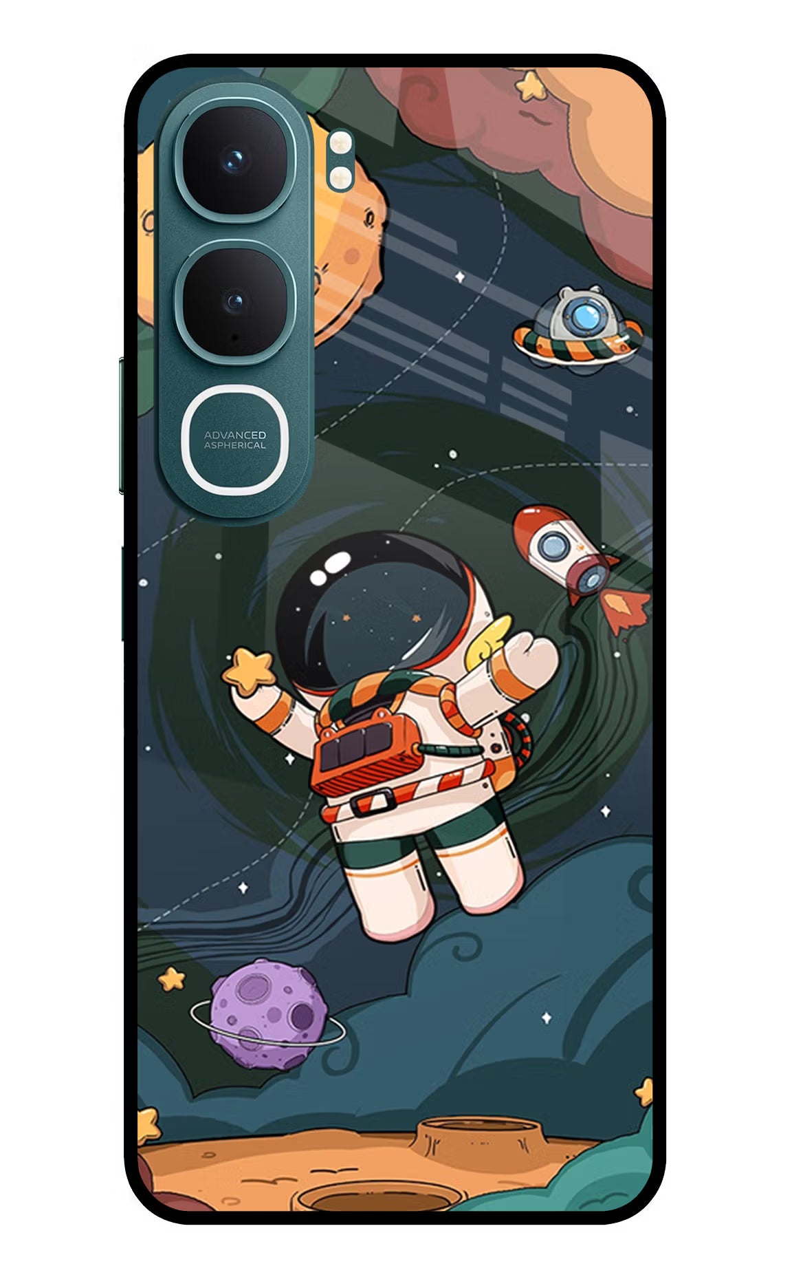 Cartoon Astronaut Vivo Y31 5G Glass Case Back Cover by Casekaro