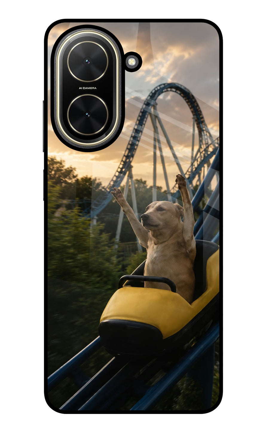 Rollercoaster Dog Poco C71 Back Cover, Glass case