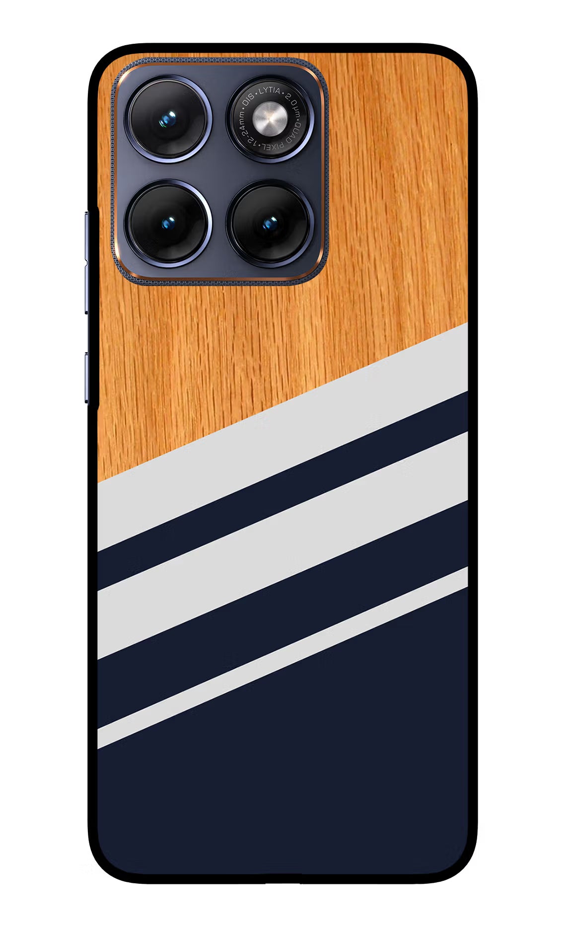 Blue and white wooden Moto Edge 70 Fusion Glass Case Back Cover by Casekaro