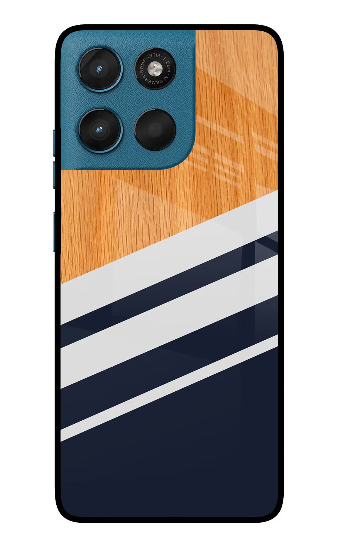 Blue and white wooden Moto G57 Power 5G Glass Case