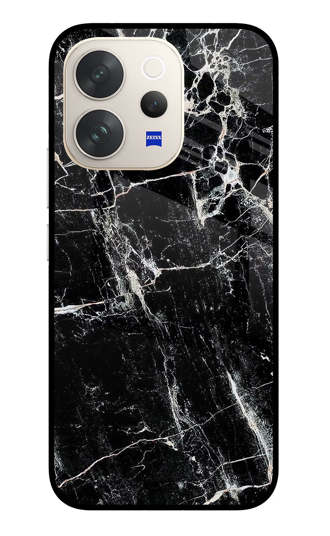 Black Marble Texture Vivo V70 5G Glass Case Back Cover by Casekaro