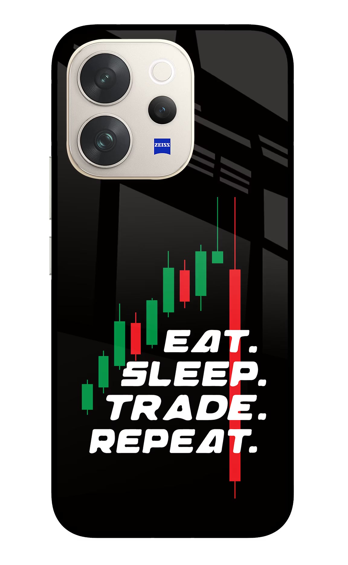 Eat Sleep Trade Repeat Vivo V70 5G Glass Case Back Cover by Casekaro