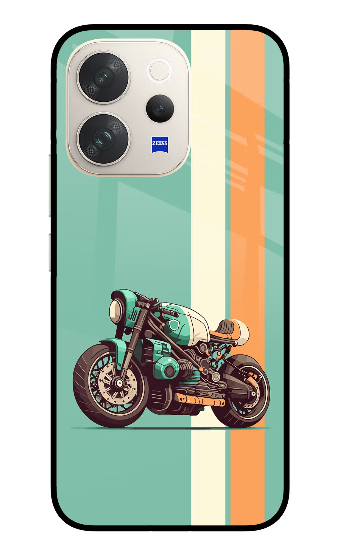 Striped Moto Drift Vivo V70 5G Glass Case Back Cover by Casekaro