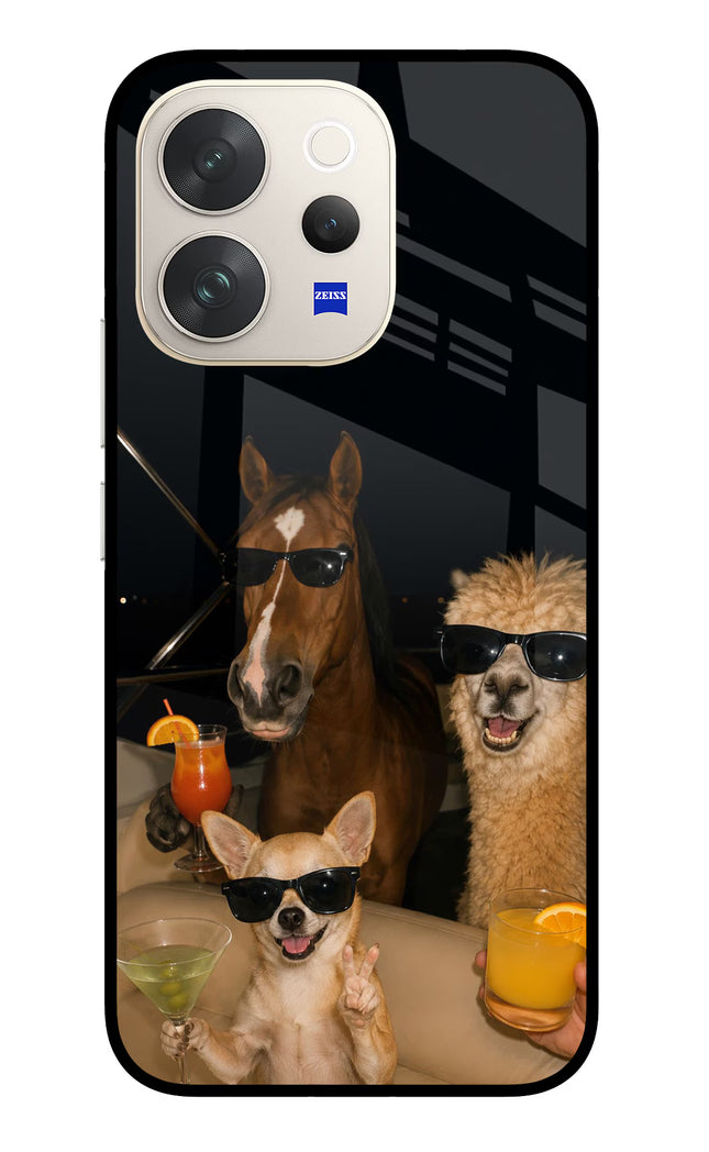 Party Squad Vivo V70 5G Glass Case Back Cover by Casekaro