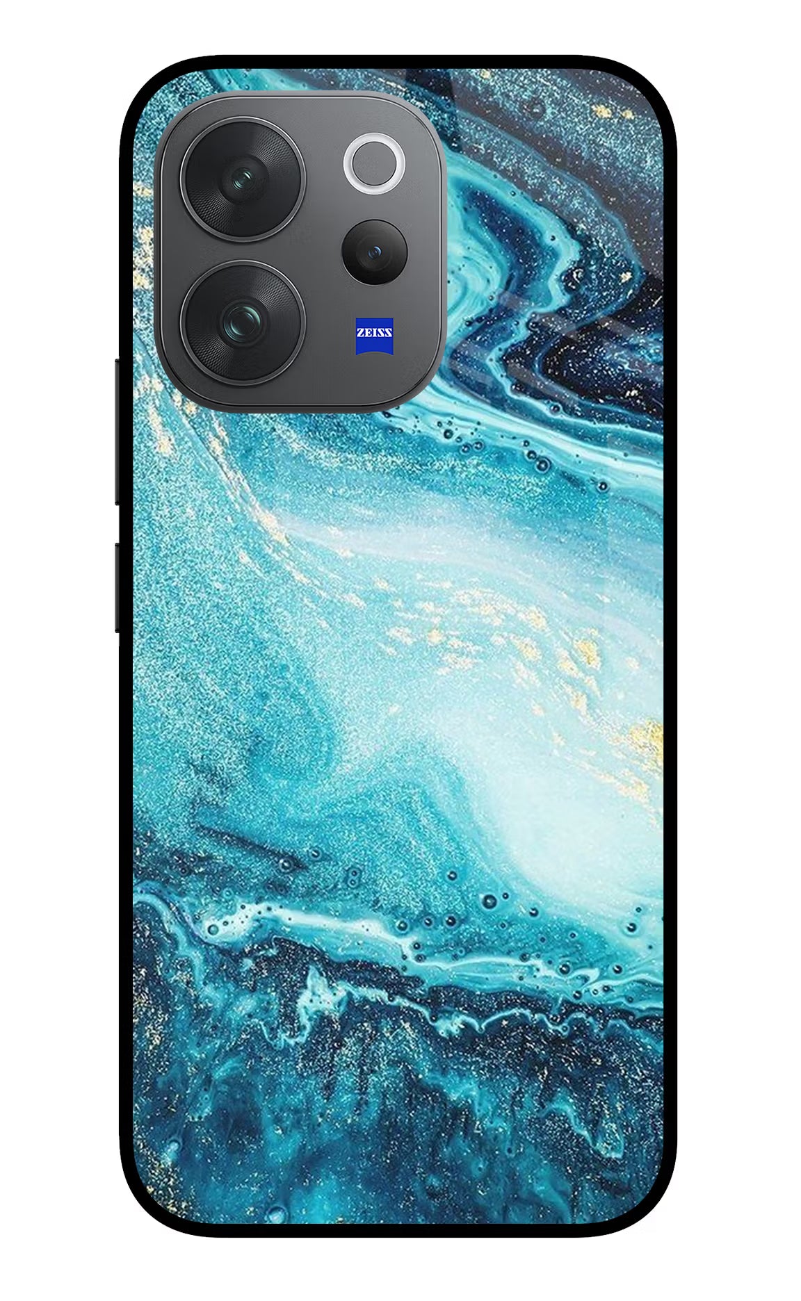 Blue Glitter Marble Vivo V70 Elite 5G Glass Case Back Cover by Casekaro