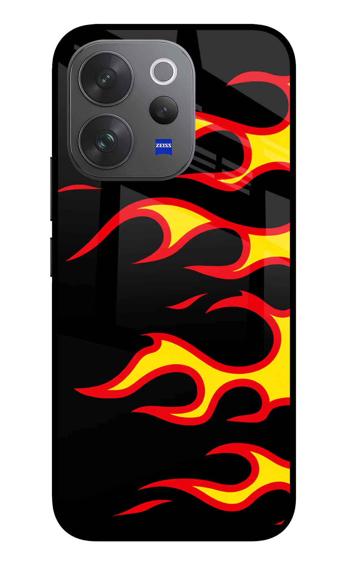 Side Sweep Flames Vivo V70 Elite 5G Glass Case Back Cover by Casekaro