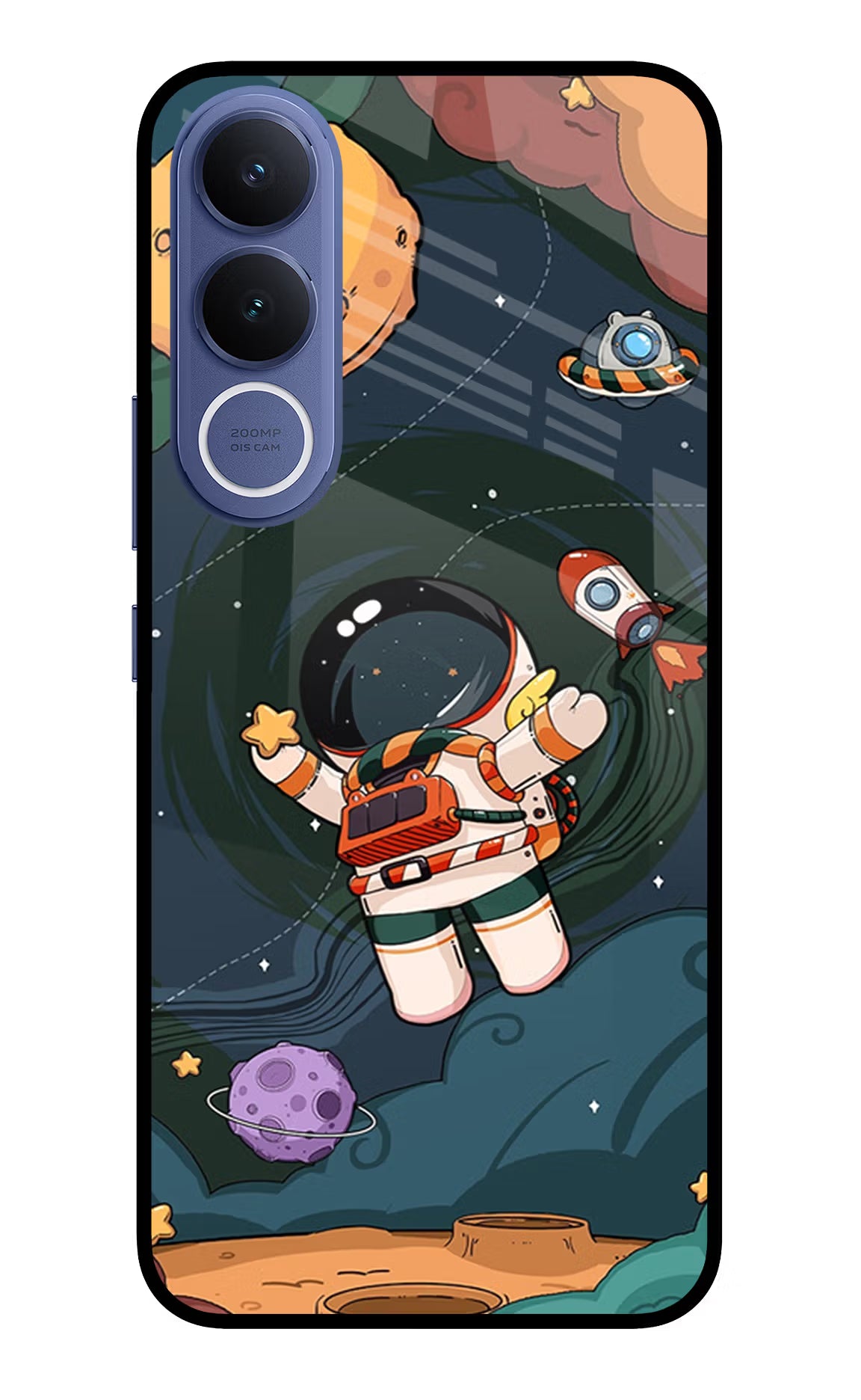 Cartoon Astronaut Vivo V70 FE 5G Glass Case Back Cover by Casekaro