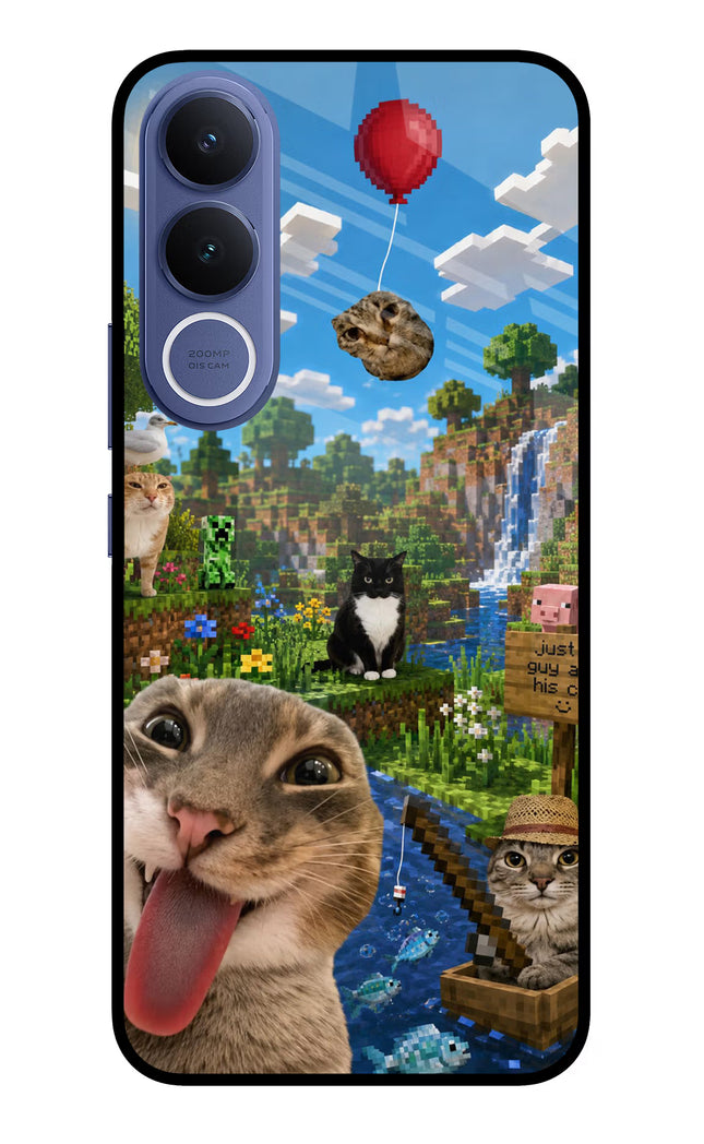 Minecraft Cat Chaos Vivo V70 FE 5G Glass Case Back Cover by Casekaro